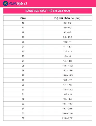 Bảng Size Giày Us Trẻ Em