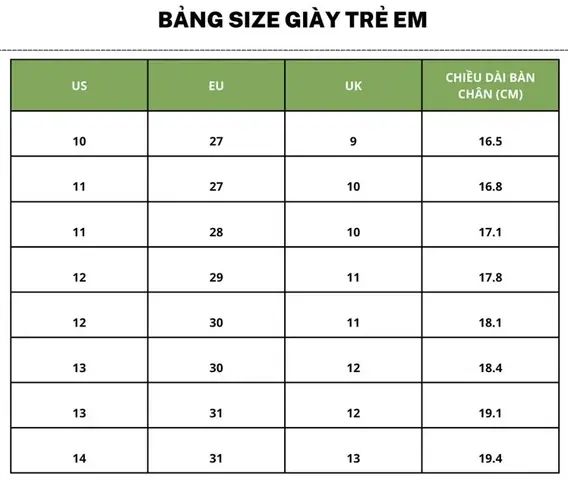 Bảng Size Giày Us Trẻ Em