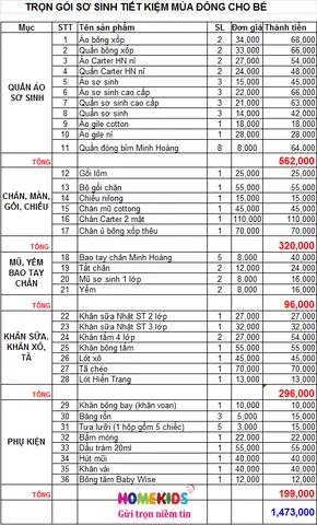 List Đồ Sơ Sinh Mùa Đông