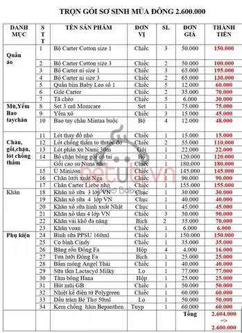 List Đồ Sơ Sinh Mùa Đông
