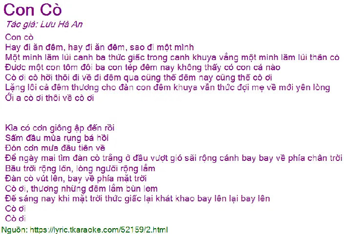 Lời Bài Hát Con Cò Đi Ăn Đêm